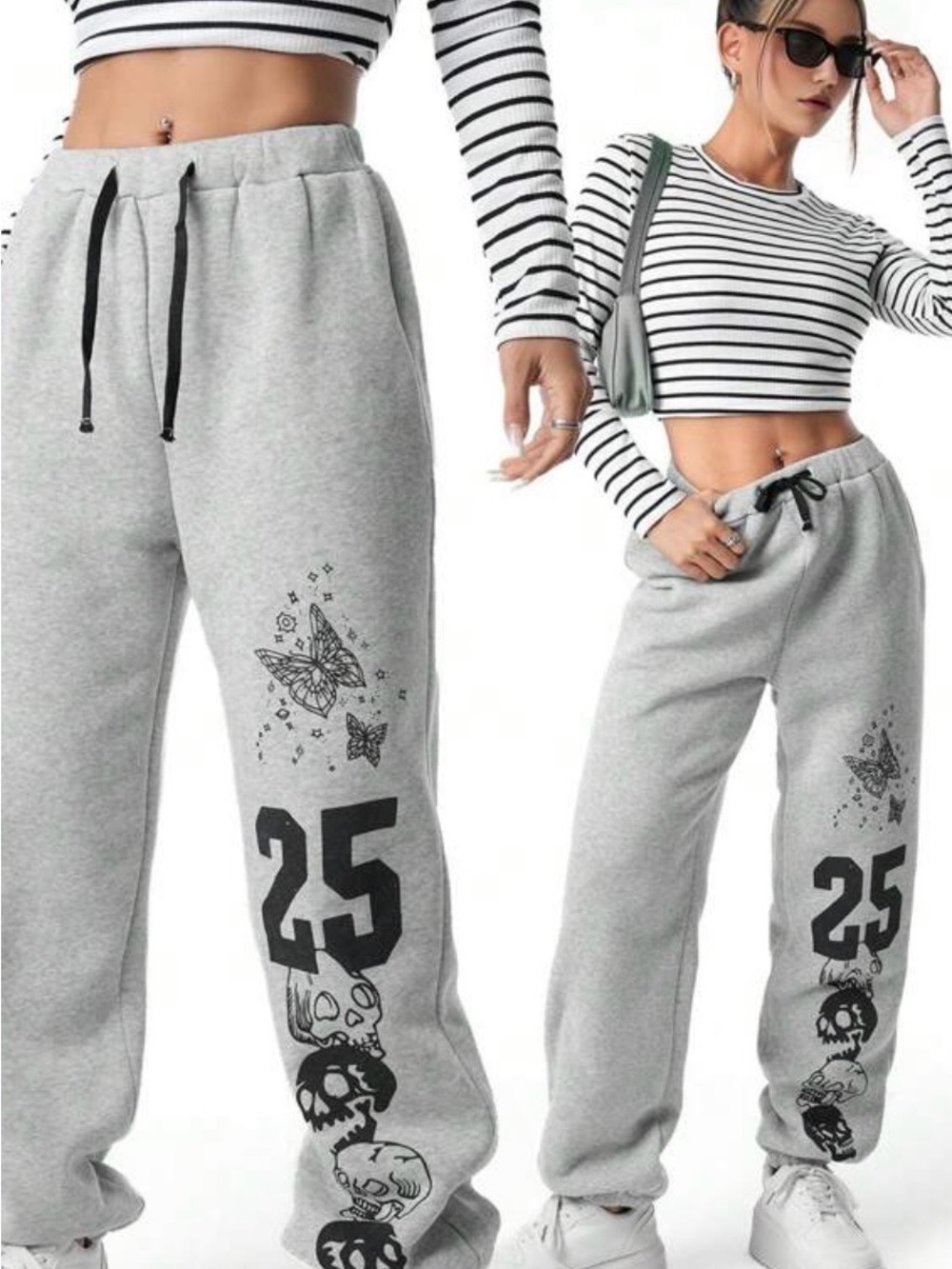 SHEIN Women's Small Casual Grey Graphic Sweatpants Black Skull & Butterfly Print